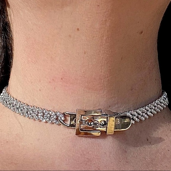 White GP Iced Out Rhinestone Buckle Choker Necklace - Picture 1 of 4